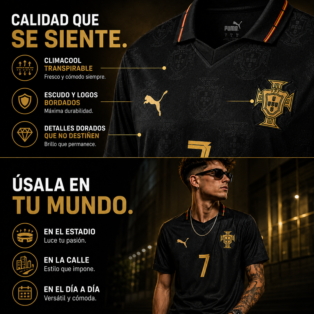 Camiseta Portugal Black Gold Edition - Streetwear futbolero
