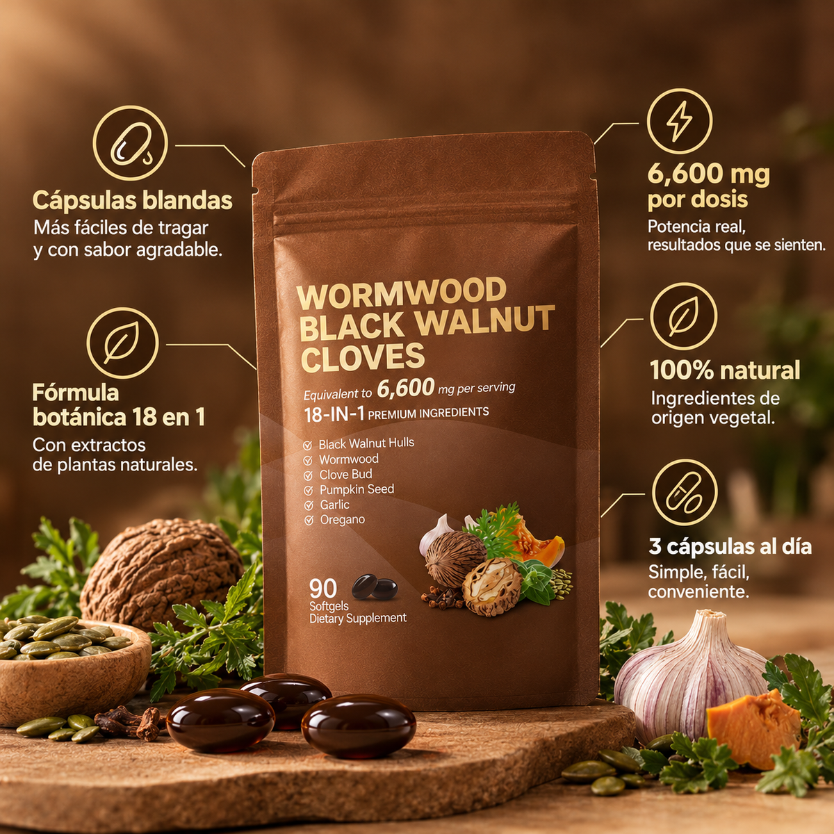 Wormwood Black Walnut Cloves - Vitalidad y metabolismo activo, 100% natural